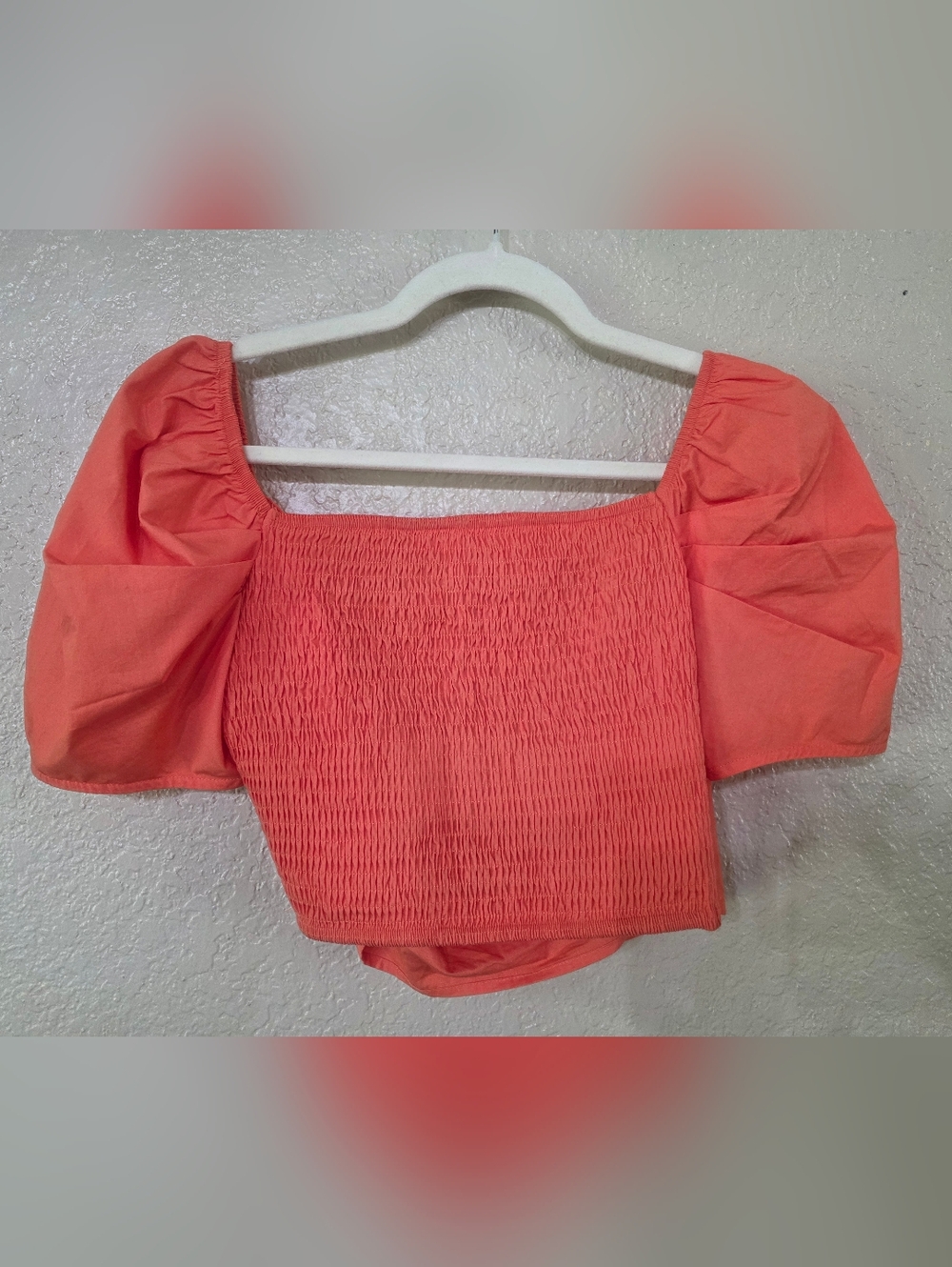 Shein  Coral Smocked Square-Neck Open Back Puff Sleeve Crop Top